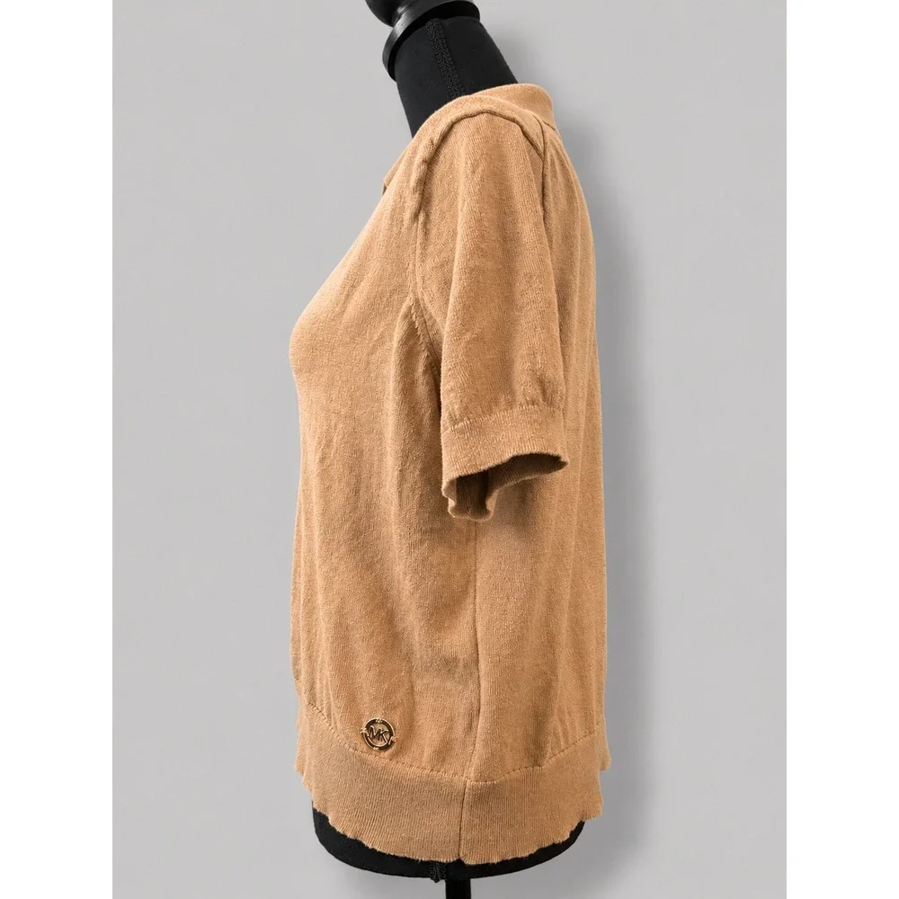 Michael Kors Polo Sweater Women XL Brown Excellent V-Neck Knit Logo Charm